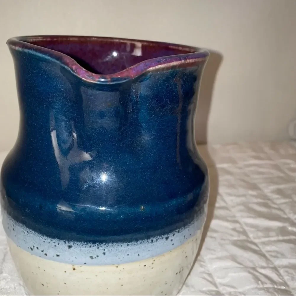 HANDMADE RUSTIC POTTERY pitcher in violets-off white